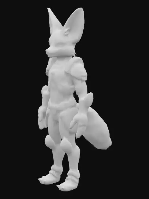 3D model for Anthropomorphic fennec fox, mid-40s, with sandy fur and large ears. Wears battle-worn magitech armor with glowing blue-violet interface panels and faint arcane circuit patterns. Armor is cracked, scorched, and crystal-lined; hints of blood on fur. Eyes sharp, expression dry and calculating. Subtle electric effects around him—ozone shimmer, blue sparks. Style is fantasy-sci-fi hybrid, game-ready. Not a front-line fighter—looks like a strategist or support mage. Include magical aura or shield shimmer. Optional: hazy magitech city or corrupted jungle ruins in background.