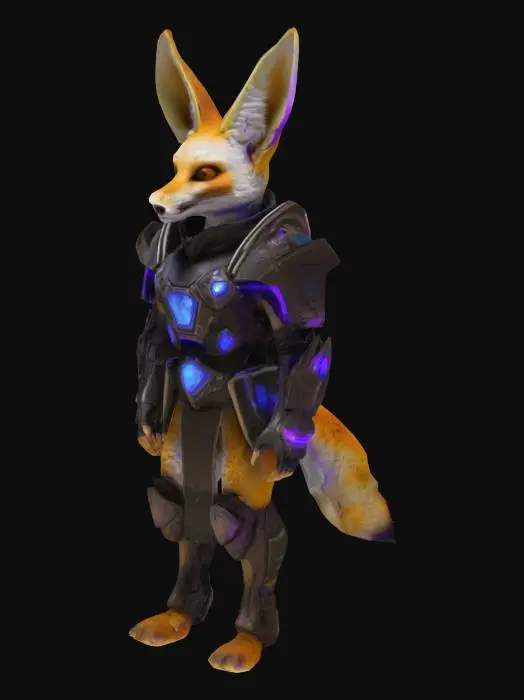 3D model for Anthropomorphic fennec fox, mid-40s, with sandy fur and large ears. Wears battle-worn magitech armor with glowing blue-violet interface panels and faint arcane circuit patterns. Armor is cracked, scorched, and crystal-lined; hints of blood on fur. Eyes sharp, expression dry and calculating. Subtle electric effects around him—ozone shimmer, blue sparks. Style is fantasy-sci-fi hybrid, game-ready. Not a front-line fighter—looks like a strategist or support mage. Include magical aura or shield shimmer. Optional: hazy magitech city or corrupted jungle ruins in background.