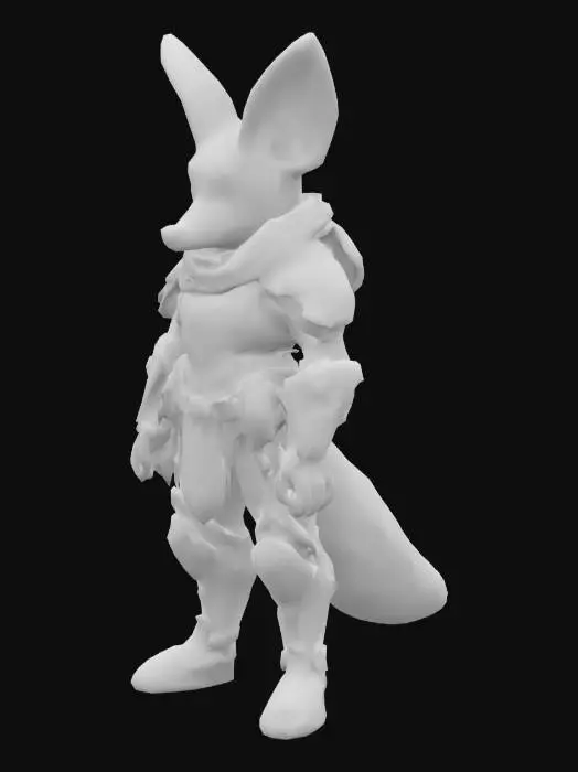 3D model for Anthropomorphic fennec fox, mid-40s, with sandy fur and large ears. Wears battle-worn magitech armor with glowing blue-violet interface panels and faint arcane circuit patterns. Armor is cracked, scorched, and crystal-lined; hints of blood on fur. Eyes sharp, expression dry and calculating. Subtle electric effects around him—ozone shimmer, blue sparks. Style is fantasy-sci-fi hybrid, game-ready. Not a front-line fighter—looks like a strategist or support mage. Include magical aura or shield shimmer. Optional: hazy magitech city or corrupted jungle ruins in background.