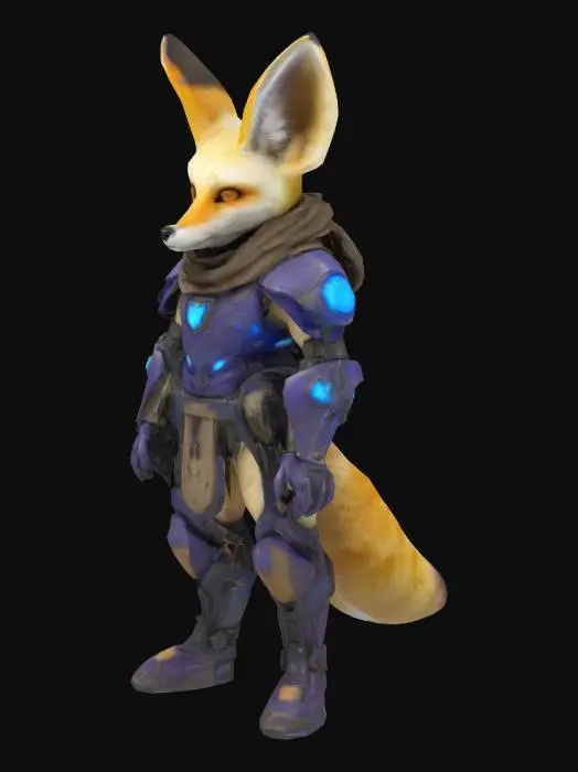 3D model for Anthropomorphic fennec fox, mid-40s, with sandy fur and large ears. Wears battle-worn magitech armor with glowing blue-violet interface panels and faint arcane circuit patterns. Armor is cracked, scorched, and crystal-lined; hints of blood on fur. Eyes sharp, expression dry and calculating. Subtle electric effects around him—ozone shimmer, blue sparks. Style is fantasy-sci-fi hybrid, game-ready. Not a front-line fighter—looks like a strategist or support mage. Include magical aura or shield shimmer. Optional: hazy magitech city or corrupted jungle ruins in background.