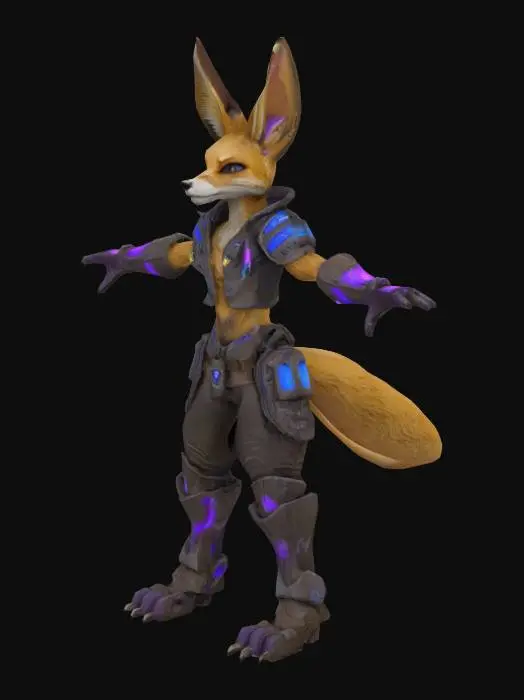 3D model for T-pose, game-ready character model. Anthropomorphic male fennec fox, mid-40s, with sandy tan fur, large ears, and lean but wiry build. Wears battle-worn magitech armor—cracked, scorched, and crystal-lined—with glowing blue-violet arcane circuit patterns and interface panels. Subtle blood stains on fur and armor. Sharp eyes, dry and calculating expression. Electric shimmer around body—soft blue sparks and ozone glow. A faint magical aura or translucent shield effect surrounds him. Style is a blend of fantasy and sci-fi, clearly a support mage or strategist—not a front-line fighter. Detailed, symmetrical, clean silhouette. Neutral lighting, plain background.