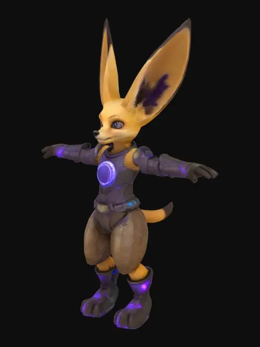 3D model for T-pose, game-ready character model. Anthropomorphic male fennec fox, mid-40s, with sandy tan fur, large ears, and lean but wiry build. Wears battle-worn magitech armor—cracked, scorched, and crystal-lined—with glowing blue-violet arcane circuit patterns and interface panels. Subtle blood stains on fur and armor. Sharp eyes, dry and calculating expression. Electric shimmer around body—soft blue sparks and ozone glow. A faint magical aura or translucent shield effect surrounds him. Style is a blend of fantasy and sci-fi, clearly a support mage or strategist—not a front-line fighter. Detailed, symmetrical, clean silhouette. Neutral lighting, plain background.