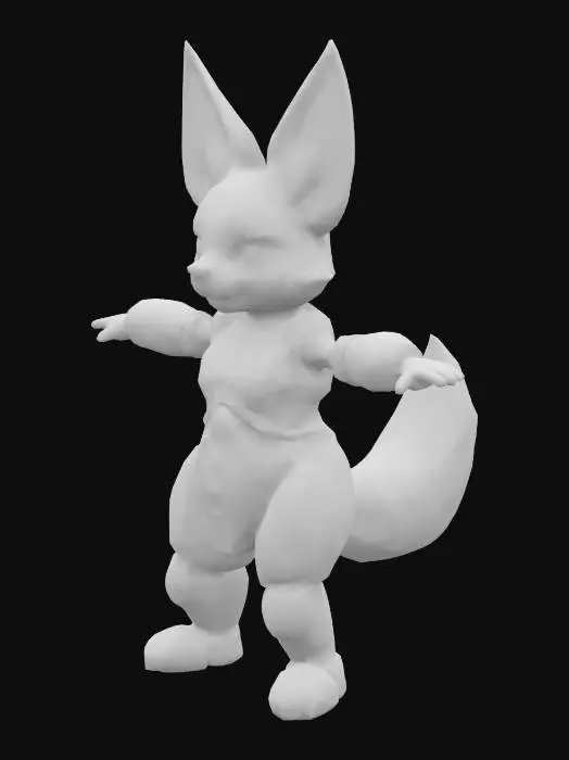 3D model for T-pose, game-ready character model. Anthropomorphic male fennec fox, mid-40s, with sandy tan fur, large ears, and lean but wiry build. Wears battle-worn magitech armor—cracked, scorched, and crystal-lined—with glowing blue-violet arcane circuit patterns and interface panels. Subtle blood stains on fur and armor. Sharp eyes, dry and calculating expression. Electric shimmer around body—soft blue sparks and ozone glow. A faint magical aura or translucent shield effect surrounds him. Style is a blend of fantasy and sci-fi, clearly a support mage or strategist—not a front-line fighter. Detailed, symmetrical, clean silhouette. Neutral lighting, plain background.