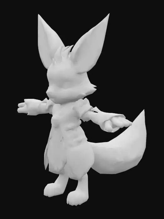 3D model for T-pose, game-ready character model. Anthropomorphic male fennec fox, mid-40s, with sandy tan fur, large ears, and lean but wiry build. Wears battle-worn magitech armor—cracked, scorched, and crystal-lined—with glowing blue-violet arcane circuit patterns and interface panels. Subtle blood stains on fur and armor. Sharp eyes, dry and calculating expression. Electric shimmer around body—soft blue sparks and ozone glow. A faint magical aura or translucent shield effect surrounds him. Style is a blend of fantasy and sci-fi, clearly a support mage or strategist—not a front-line fighter. Detailed, symmetrical, clean silhouette. Neutral lighting, plain background.