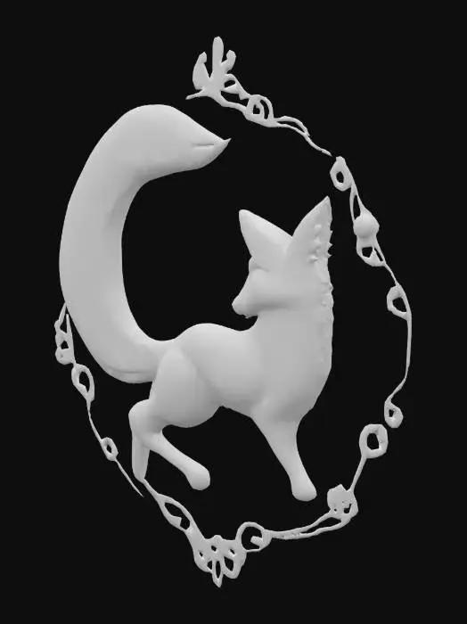 3D model for A flat fantasy-style emblem featuring a curled fox in a circular pose, symbolizing wisdom. The fox has four stylized tails forming a smooth, symmetrical fan around its body. Each tail represents a season with subtle engraved patterns: flowers for spring, sun for summer, leaves for autumn, and snowflakes for winter. Minimalist details, clean fantasy shapes. Designed as a flat medallion or logo, with an earth-tone base and small colored accents for the seasonal tails.
