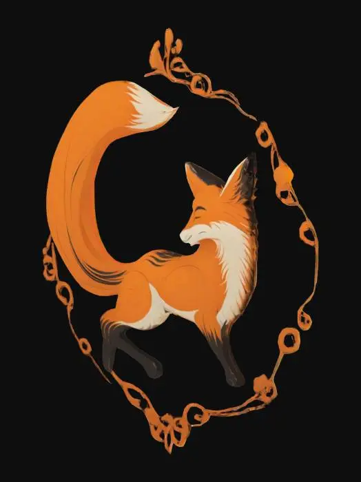 3D model for A flat fantasy-style emblem featuring a curled fox in a circular pose, symbolizing wisdom. The fox has four stylized tails forming a smooth, symmetrical fan around its body. Each tail represents a season with subtle engraved patterns: flowers for spring, sun for summer, leaves for autumn, and snowflakes for winter. Minimalist details, clean fantasy shapes. Designed as a flat medallion or logo, with an earth-tone base and small colored accents for the seasonal tails.
