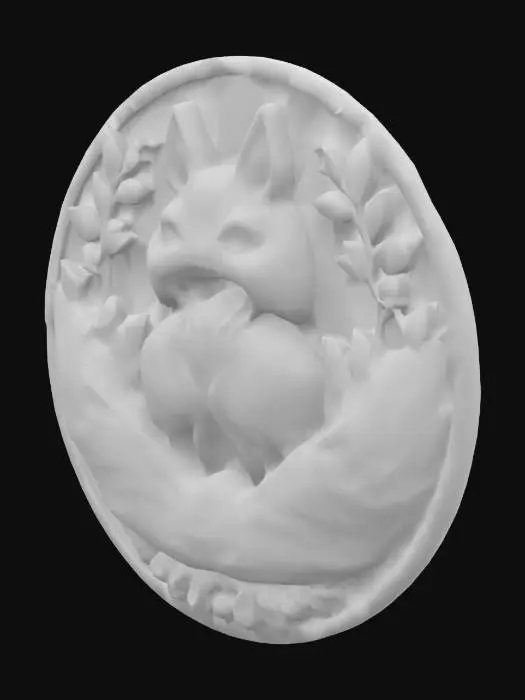 3D model for A flat fantasy-style emblem featuring a curled fox in a circular pose, symbolizing wisdom. The fox has four stylized tails forming a smooth, symmetrical fan around its body. Each tail represents a season with subtle engraved patterns: flowers for spring, sun for summer, leaves for autumn, and snowflakes for winter. Minimalist details, clean fantasy shapes. Designed as a flat medallion or logo, with an earth-tone base and small colored accents for the seasonal tails.
