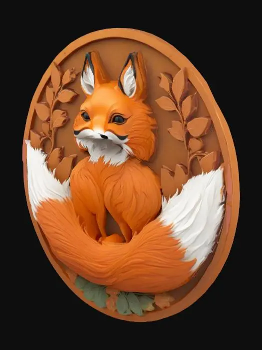 3D model for A flat fantasy-style emblem featuring a curled fox in a circular pose, symbolizing wisdom. The fox has four stylized tails forming a smooth, symmetrical fan around its body. Each tail represents a season with subtle engraved patterns: flowers for spring, sun for summer, leaves for autumn, and snowflakes for winter. Minimalist details, clean fantasy shapes. Designed as a flat medallion or logo, with an earth-tone base and small colored accents for the seasonal tails.
