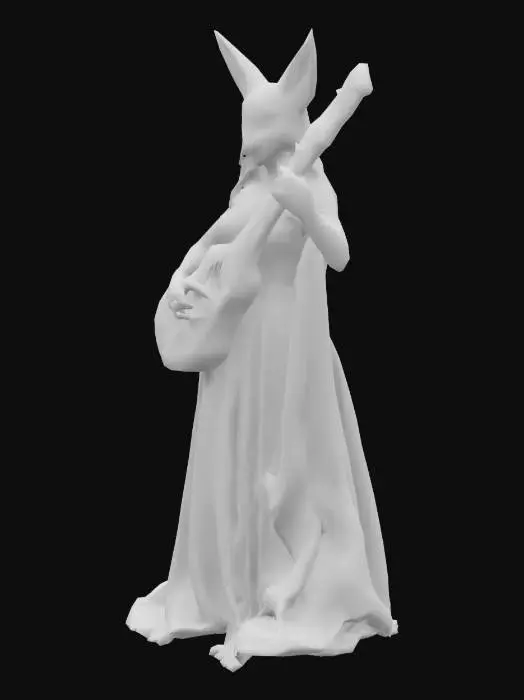 3D model for Grey anthropomorphic female vixen, with blue eyes, in leaves cloth, with long hairs and ancient lute.