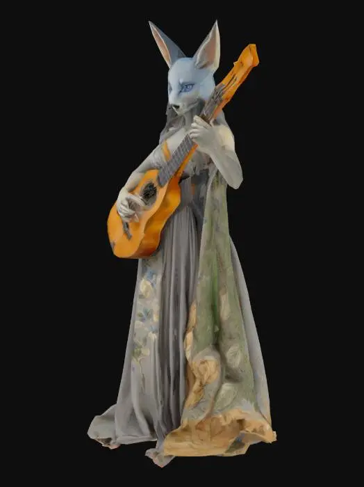3D model for Grey anthropomorphic female vixen, with blue eyes, in leaves cloth, with long hairs and ancient lute.