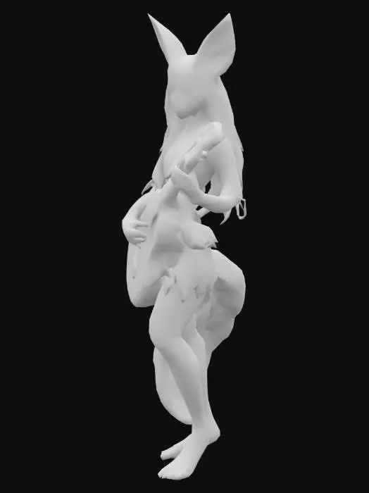 3D model for Grey anthropomorphic female vixen, with blue eyes, in leaves cloth, with long hairs and ancient lute.