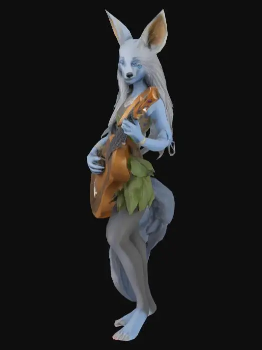 3D model for Grey anthropomorphic female vixen, with blue eyes, in leaves cloth, with long hairs and ancient lute.