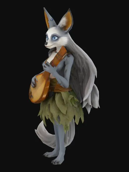 3D model for Grey anthropomorphic female vixen, with blue eyes, in leaves cloth, with long hairs and ancient lute.