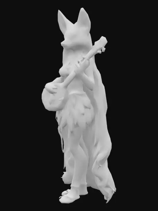 3D model for Grey anthropomorphic female vixen, with blue eyes, in leaves cloth, with long hairs and ancient lute.