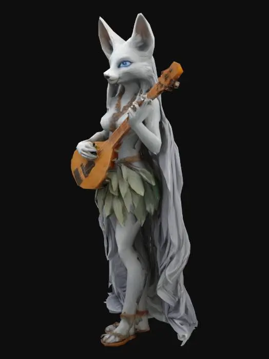 3D model for Grey anthropomorphic female vixen, with blue eyes, in leaves cloth, with long hairs and ancient lute.