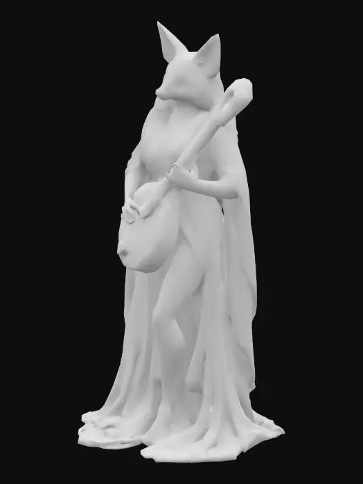 3D model for Grey anthropomorphic female vixen, with blue eyes, in leaves cloth, with long hairs and ancient lute.