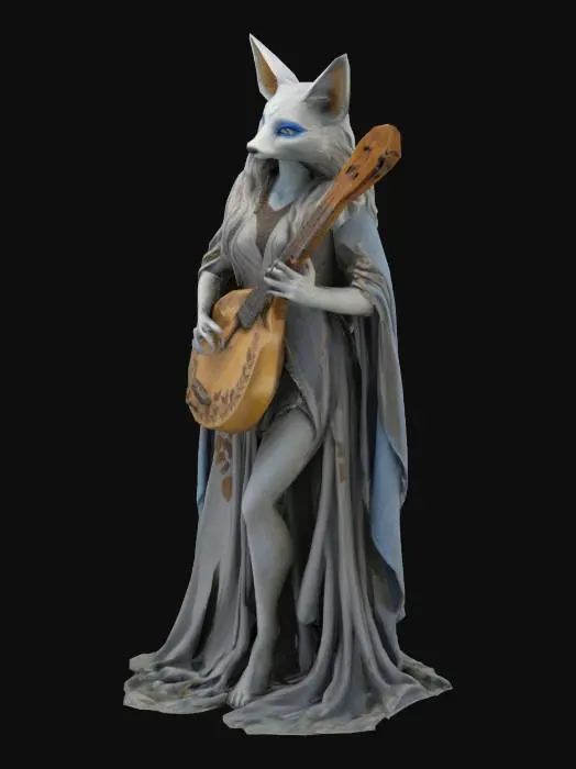 3D model for Grey anthropomorphic female vixen, with blue eyes, in leaves cloth, with long hairs and ancient lute.