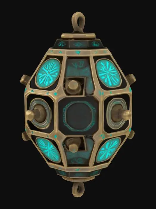 3D model for A small, floating magitek construct with a geometric body dodecahedron, made of aged brass or enchanted metal. Its surface is etched with glowing turquoise runes. No limbs or arms, just the core body. Designed by an empire blending arcane and early industrial tech. Weathered, mystical look. Transparent background.