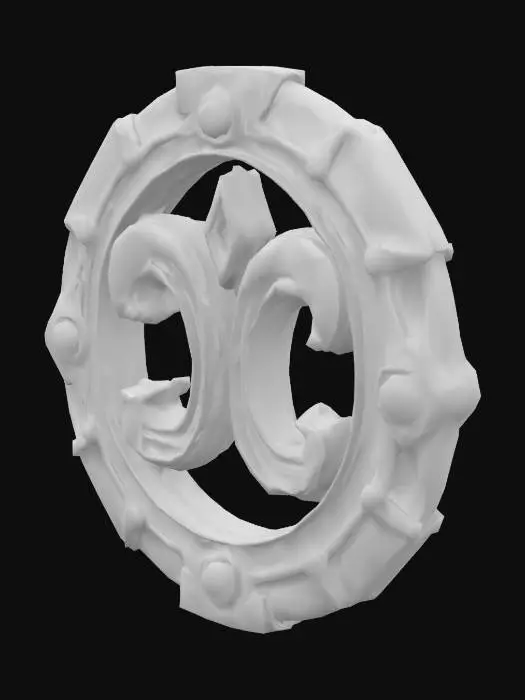 3D model for A single glowing magitek rune etched into aged brass. It glows with soft turquoise light and blends arcane curves with mechanical symmetry. Ancient, experimental design. Displayed on a plain or transparent background.