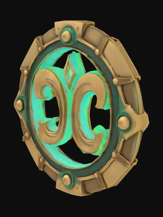 3D model for A single glowing magitek rune etched into aged brass. It glows with soft turquoise light and blends arcane curves with mechanical symmetry. Ancient, experimental design. Displayed on a plain or transparent background.