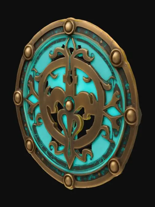 3D model for A single glowing magitek rune etched into aged brass. It glows with soft turquoise light and blends arcane curves with mechanical symmetry. Ancient, experimental design. Displayed on a plain or transparent background.