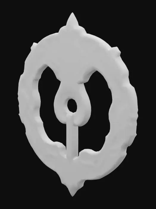 3D model for A single glowing magitek rune etched into aged brass. It glows with soft turquoise light and blends arcane curves with mechanical symmetry. Ancient, experimental design. Displayed on a plain or transparent background.