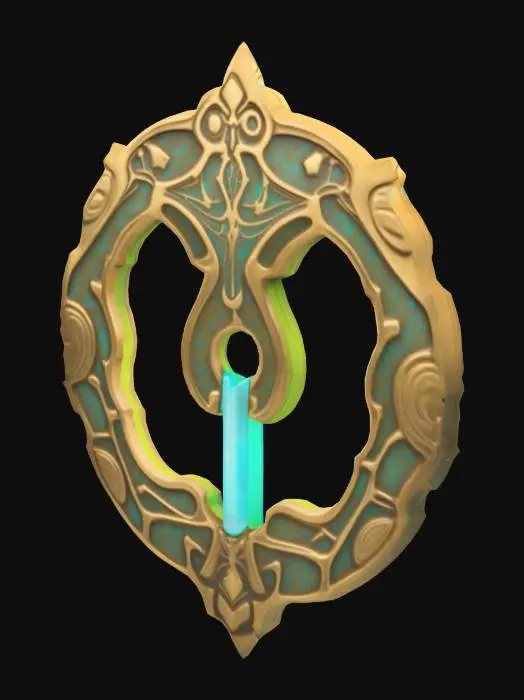 3D model for A single glowing magitek rune etched into aged brass. It glows with soft turquoise light and blends arcane curves with mechanical symmetry. Ancient, experimental design. Displayed on a plain or transparent background.