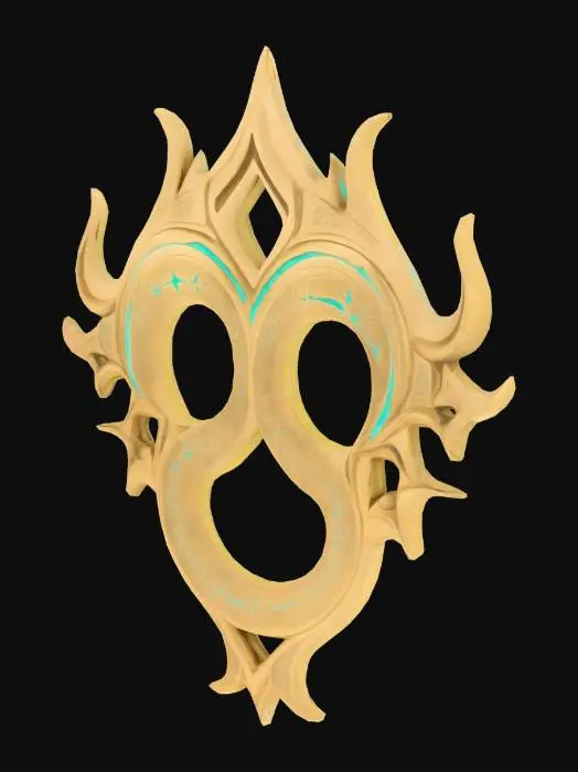 3D model for A single glowing magitek rune etched into aged brass. It glows with soft turquoise light and blends arcane curves with mechanical symmetry. Ancient, experimental design. Displayed on a plain or transparent background.
