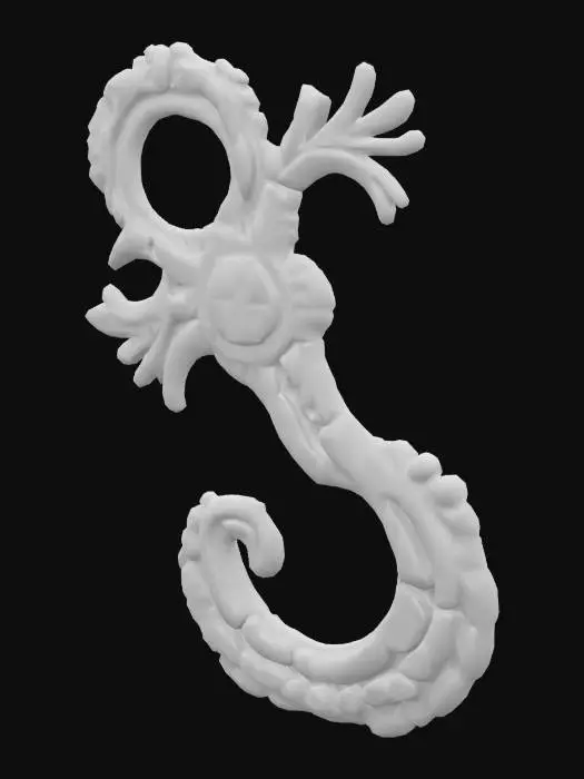 3D model for A single glowing magitek rune etched into aged brass. It glows with soft turquoise light and blends arcane curves with mechanical symmetry. Ancient, experimental design. Displayed on a plain or transparent background.