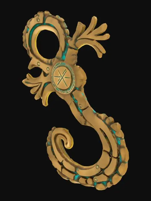 3D model for A single glowing magitek rune etched into aged brass. It glows with soft turquoise light and blends arcane curves with mechanical symmetry. Ancient, experimental design. Displayed on a plain or transparent background.