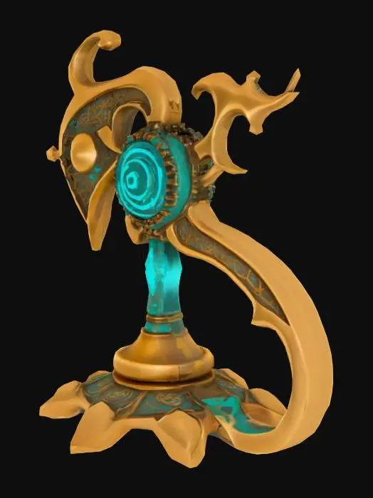 3D model for A single glowing magitek rune etched into aged brass. It glows with soft turquoise light and blends arcane curves with mechanical symmetry. Ancient, experimental design. Displayed on a plain or transparent background.
