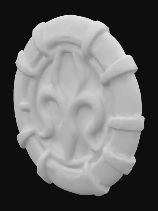 3D model for A single glowing magitek rune etched into aged brass. It glows with soft turquoise light and blends arcane curves with mechanical symmetry. Ancient, experimental design. Displayed on a plain or transparent background.