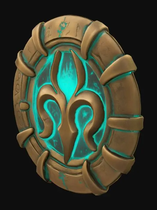 3D model for A single glowing magitek rune etched into aged brass. It glows with soft turquoise light and blends arcane curves with mechanical symmetry. Ancient, experimental design. Displayed on a plain or transparent background.