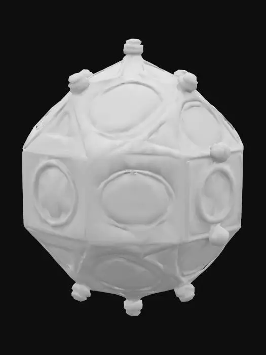 3D model for A small, floating magitek construct with a geometric body dodecahedron, made of aged brass or enchanted metal. Its surface is etched with glowing turquoise runes. No limbs or arms, just the core body. Designed by an empire blending arcane and early industrial tech. Weathered, mystical look. Transparent background.