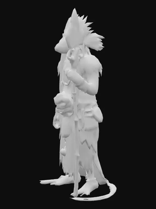 3D model for Lizardman shaman named Tlaloc, tall and imposing with rough, deep brown scales like fertile earth. His long, black hair-like head crests are woven with bright feathers and beads. He wears layered robes in green and blue, decorated with ancient jungle symbols. His face is angular and strong, with weathered features, and blue lines of paint across his cheeks and brow. He carries a wooden staff, pale and carved, wrapped in vines and talismans. His yellow, reptilian eyes show a sense of quiet power. Jungle background, mystical atmosphere.

