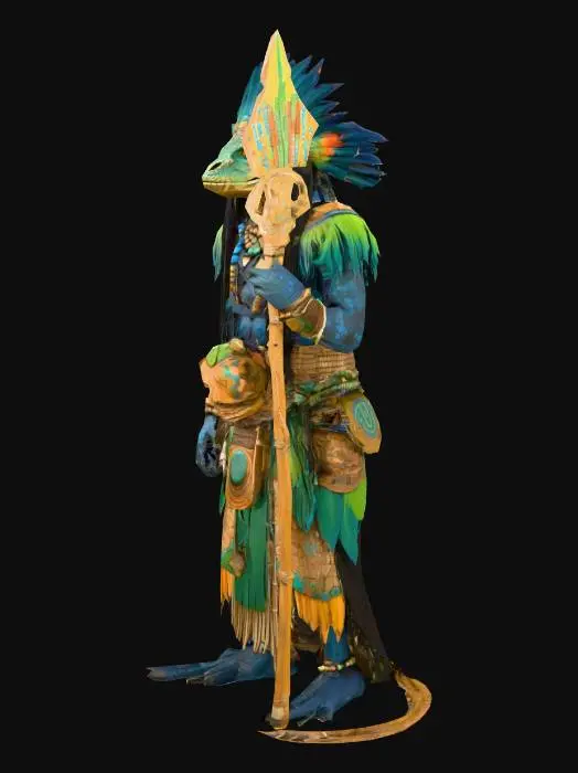 3D model for Lizardman shaman named Tlaloc, tall and imposing with rough, deep brown scales like fertile earth. His long, black hair-like head crests are woven with bright feathers and beads. He wears layered robes in green and blue, decorated with ancient jungle symbols. His face is angular and strong, with weathered features, and blue lines of paint across his cheeks and brow. He carries a wooden staff, pale and carved, wrapped in vines and talismans. His yellow, reptilian eyes show a sense of quiet power. Jungle background, mystical atmosphere.

