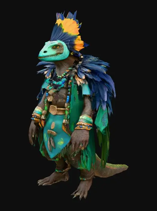 3D model for Lizardman shaman named Tlaloc, tall and imposing with rough, deep brown scales like fertile earth. His long, black hair-like head crests are woven with bright feathers and beads. He wears layered robes in green and blue, decorated with ancient jungle symbols. His face is angular and strong, with weathered features, and blue lines of paint across his cheeks and brow. He carries a wooden staff, pale and carved, wrapped in vines and talismans. His yellow, reptilian eyes show a sense of quiet power. Jungle background, mystical atmosphere.

