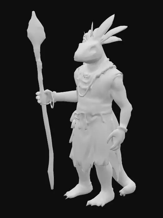 3D model for Lizardman shaman named Tlaloc, tall and imposing with rough, deep brown scales like fertile earth. His long, black hair-like head crests are woven with bright feathers and beads. He wears layered robes in green and blue, decorated with ancient jungle symbols. His face is angular and strong, with weathered features, and blue lines of paint across his cheeks and brow. He carries a wooden staff, pale and carved, wrapped in vines and talismans. His yellow, reptilian eyes show a sense of quiet power. Jungle background, mystical atmosphere.

