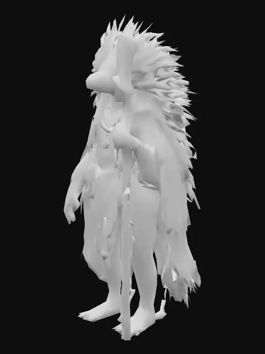 3D model for Lizardman shaman named Tlaloc, tall and imposing with rough, deep brown scales like fertile earth. His long, black hair-like head crests are woven with bright feathers and beads. He wears layered robes in green and blue, decorated with ancient jungle symbols. His face is angular and strong, with weathered features, and blue lines of paint across his cheeks and brow. He carries a wooden staff, pale and carved, wrapped in vines and talismans. His yellow, reptilian eyes show a sense of quiet power. Jungle background, mystical atmosphere.

