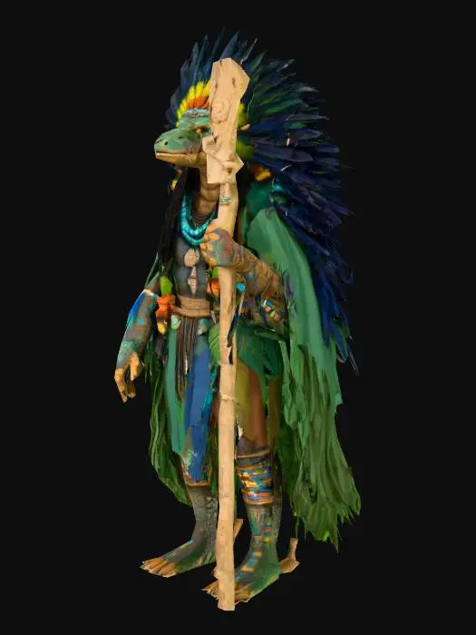 3D model for Lizardman shaman named Tlaloc, tall and imposing with rough, deep brown scales like fertile earth. His long, black hair-like head crests are woven with bright feathers and beads. He wears layered robes in green and blue, decorated with ancient jungle symbols. His face is angular and strong, with weathered features, and blue lines of paint across his cheeks and brow. He carries a wooden staff, pale and carved, wrapped in vines and talismans. His yellow, reptilian eyes show a sense of quiet power. Jungle background, mystical atmosphere.


