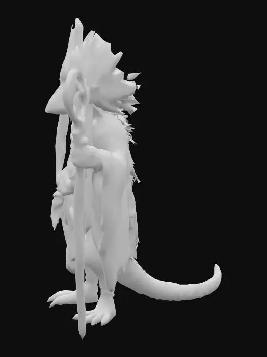 3D model for Lizardman shaman named Tlaloc, tall and imposing with rough, deep brown scales like fertile earth. His long, black hair-like head crests are woven with bright feathers and beads. He wears layered robes in green and blue, decorated with ancient jungle symbols. His face is angular and strong, with weathered features, and blue lines of paint across his cheeks and brow. He carries a wooden staff, pale and carved, wrapped in vines and talismans. His yellow, reptilian eyes show a sense of quiet power. Jungle background, mystical atmosphere.

