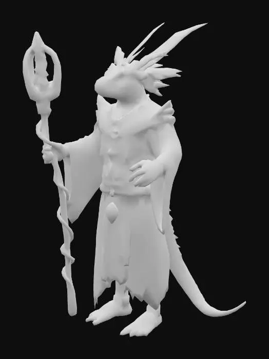 3D model for Lizardman shaman named Tlaloc, tall and imposing with rough, deep brown scales like fertile earth. His long, black hair-like head crests are woven with bright feathers and beads. He wears layered robes in green and blue, decorated with ancient jungle symbols. His face is angular and strong, with weathered features, and blue lines of paint across his cheeks and brow. He carries a wooden staff, pale and carved, wrapped in vines and talismans. His yellow, reptilian eyes show a sense of quiet power. Jungle background, mystical atmosphere.

