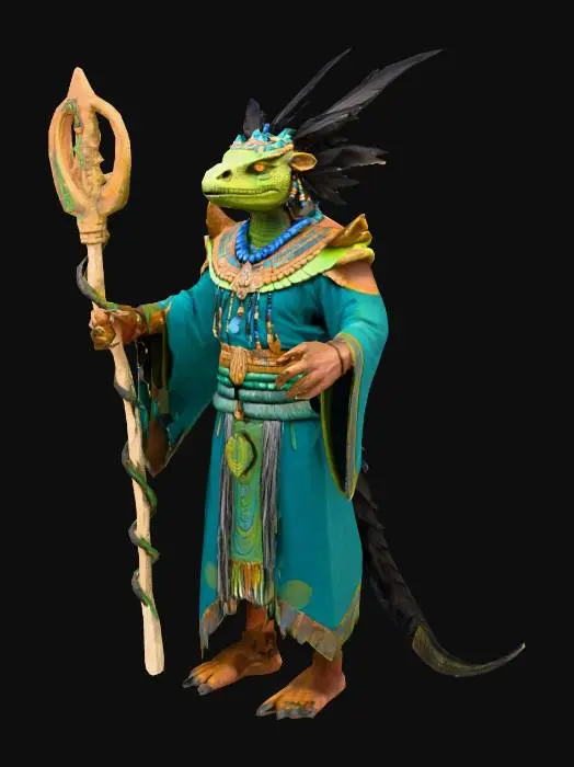 3D model for Lizardman shaman named Tlaloc, tall and imposing with rough, deep brown scales like fertile earth. His long, black hair-like head crests are woven with bright feathers and beads. He wears layered robes in green and blue, decorated with ancient jungle symbols. His face is angular and strong, with weathered features, and blue lines of paint across his cheeks and brow. He carries a wooden staff, pale and carved, wrapped in vines and talismans. His yellow, reptilian eyes show a sense of quiet power. Jungle background, mystical atmosphere.

