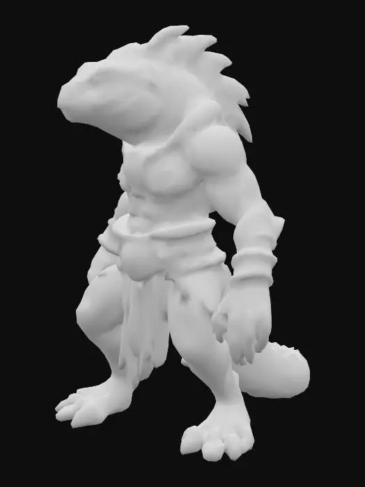 3D model for Lizardman warrior, muscular build, standing in a dynamic heroic pose, bare handed with sharp claws extended like a martial artist ready for battle. Wearing Aztec-inspired clothing: ornamental loincloth, decorative belts, feathered accents and jewelry. Green scales, green eyes, proud and expressive reptilian face. Background of an ancient jungle or temple, dramatic lighting, epic and powerful atmosphere.