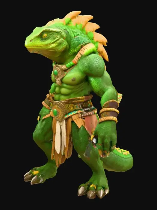 3D model for Lizardman warrior, muscular build, standing in a dynamic heroic pose, bare handed with sharp claws extended like a martial artist ready for battle. Wearing Aztec-inspired clothing: ornamental loincloth, decorative belts, feathered accents and jewelry. Green scales, green eyes, proud and expressive reptilian face. Background of an ancient jungle or temple, dramatic lighting, epic and powerful atmosphere.