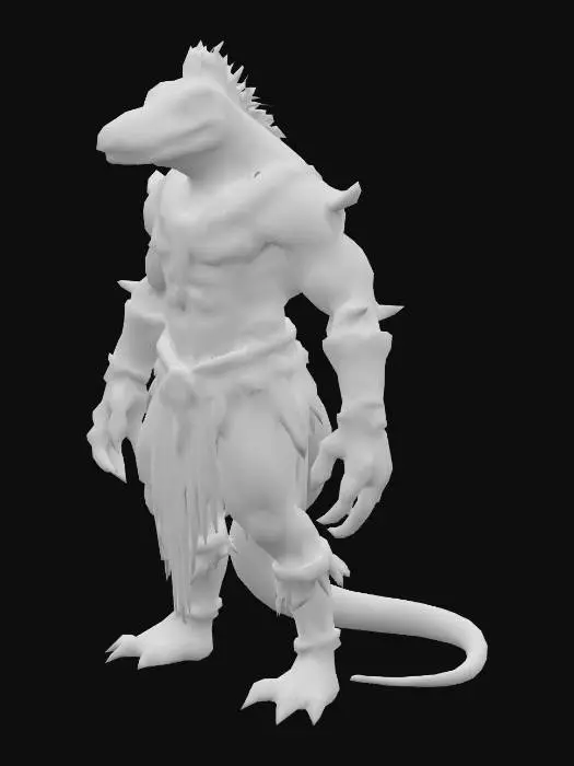 3D model for Lizardman warrior, muscular build, standing in a dynamic heroic pose, bare handed with sharp claws extended like a martial artist ready for battle. Wearing Aztec-inspired clothing: ornamental loincloth, decorative belts, feathered accents and jewelry. Green scales, green eyes, proud and expressive reptilian face. Background of an ancient jungle or temple, dramatic lighting, epic and powerful atmosphere.