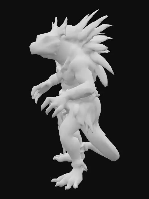 3D model for Lizardman warrior, muscular build, standing in a dynamic heroic pose, bare handed with sharp claws extended like a martial artist ready for battle. Wearing Aztec-inspired clothing: ornamental loincloth, decorative belts, feathered accents and jewelry. Green scales, green eyes, proud and expressive reptilian face. Background of an ancient jungle or temple, dramatic lighting, epic and powerful atmosphere.