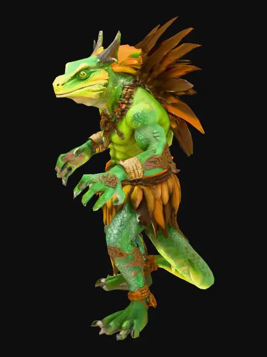 3D model for Lizardman warrior, muscular build, standing in a dynamic heroic pose, bare handed with sharp claws extended like a martial artist ready for battle. Wearing Aztec-inspired clothing: ornamental loincloth, decorative belts, feathered accents and jewelry. Green scales, green eyes, proud and expressive reptilian face. Background of an ancient jungle or temple, dramatic lighting, epic and powerful atmosphere.