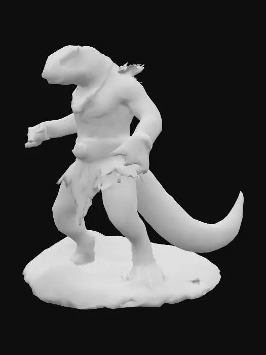 3D model for Lizardman warrior, muscular build, standing in a dynamic heroic pose, bare handed with sharp claws extended like a martial artist ready for battle. Wearing Aztec-inspired clothing: ornamental loincloth, decorative belts, feathered accents and jewelry. Green scales, green eyes, proud and expressive reptilian face. Background of an ancient jungle or temple, dramatic lighting, epic and powerful atmosphere.