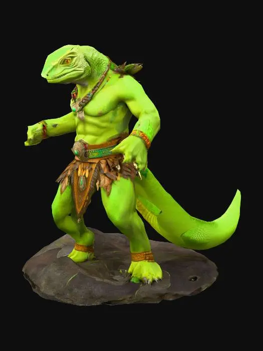 3D model for Lizardman warrior, muscular build, standing in a dynamic heroic pose, bare handed with sharp claws extended like a martial artist ready for battle. Wearing Aztec-inspired clothing: ornamental loincloth, decorative belts, feathered accents and jewelry. Green scales, green eyes, proud and expressive reptilian face. Background of an ancient jungle or temple, dramatic lighting, epic and powerful atmosphere.